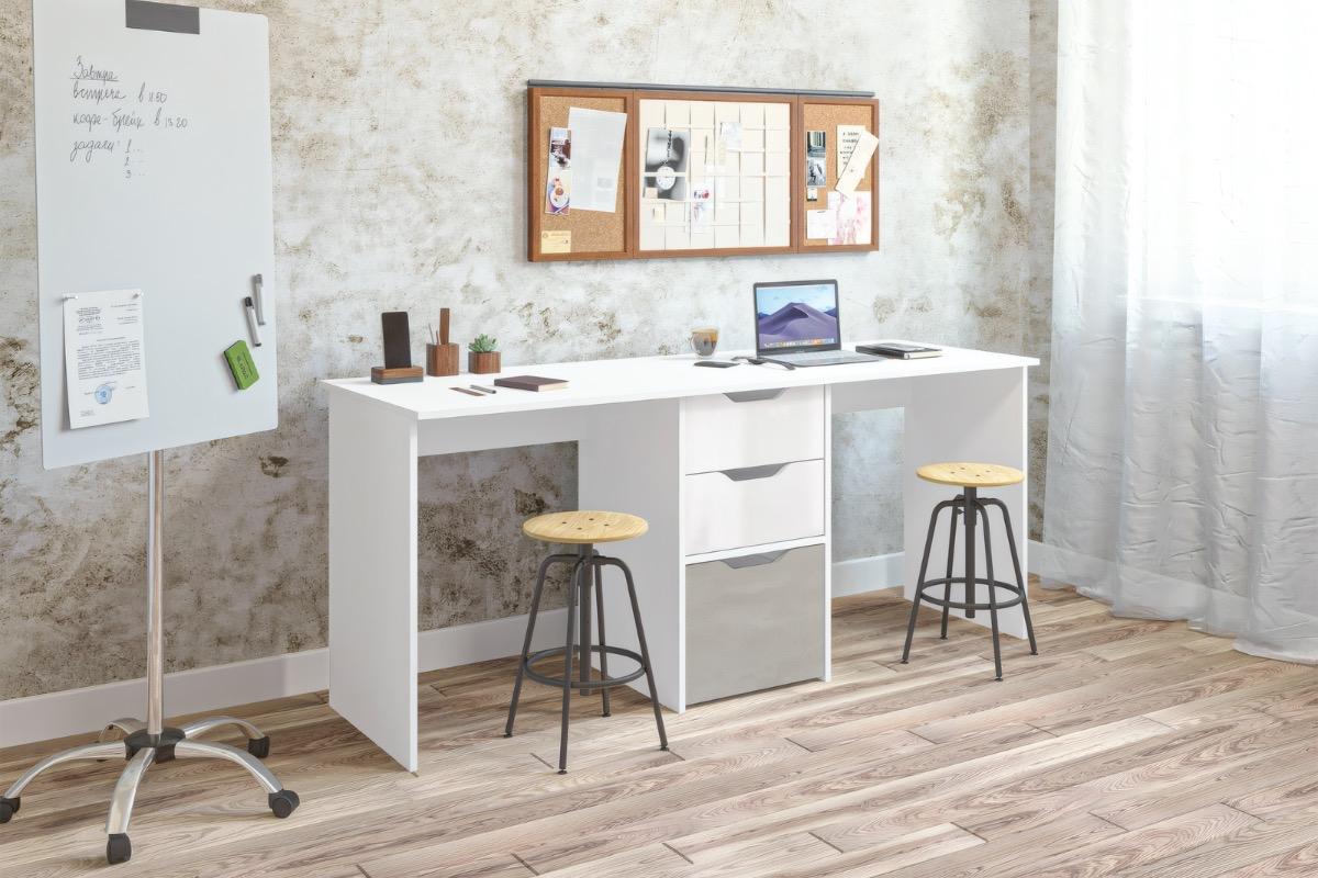 Письменный стол тандем Мико 3 ящика белый глянец бетонный камень